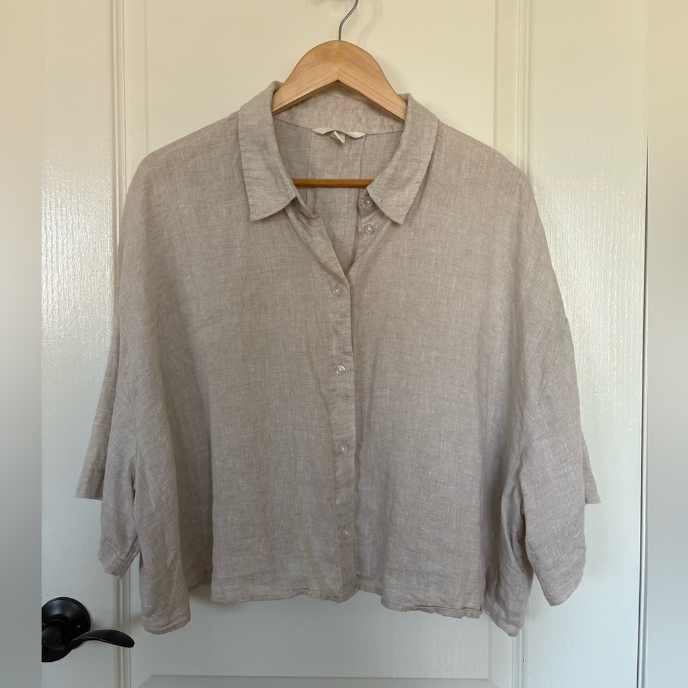💯% Linen Oversized Short Sleeves Light Beige Taupe Bone Colour Cropped Shirt XXL - Picture 4 of 11